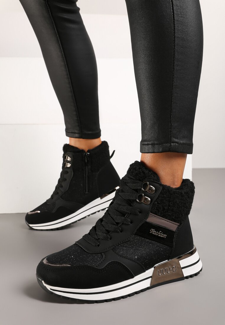 Sneakers Negri cu Blană, Inserție Metalică și Luciu cu Sclipici Saliwenna