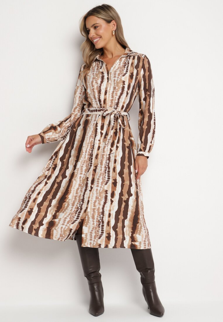 Rochie cămașă maro din viscoză cu curea Ellariah