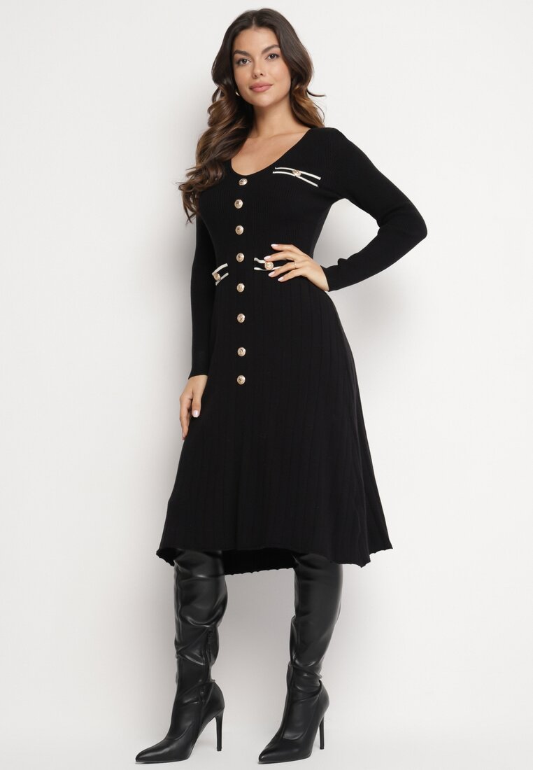 Rochie pulover Neagră cu Viscoză Decorată cu nasturi și imitație de buzunare Izamines