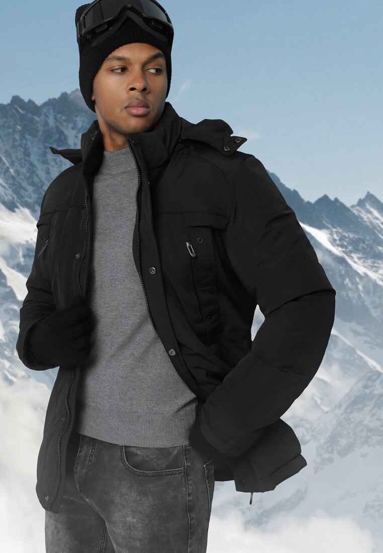 Geacă Neagră de iarnă cu căptușeală și glugă detașabilă și buzunare Izalinda