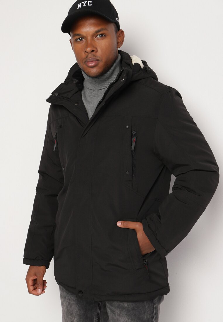 Geacă neagră de iarnă căptușită cu blană cu glugă detașabilă Izatina