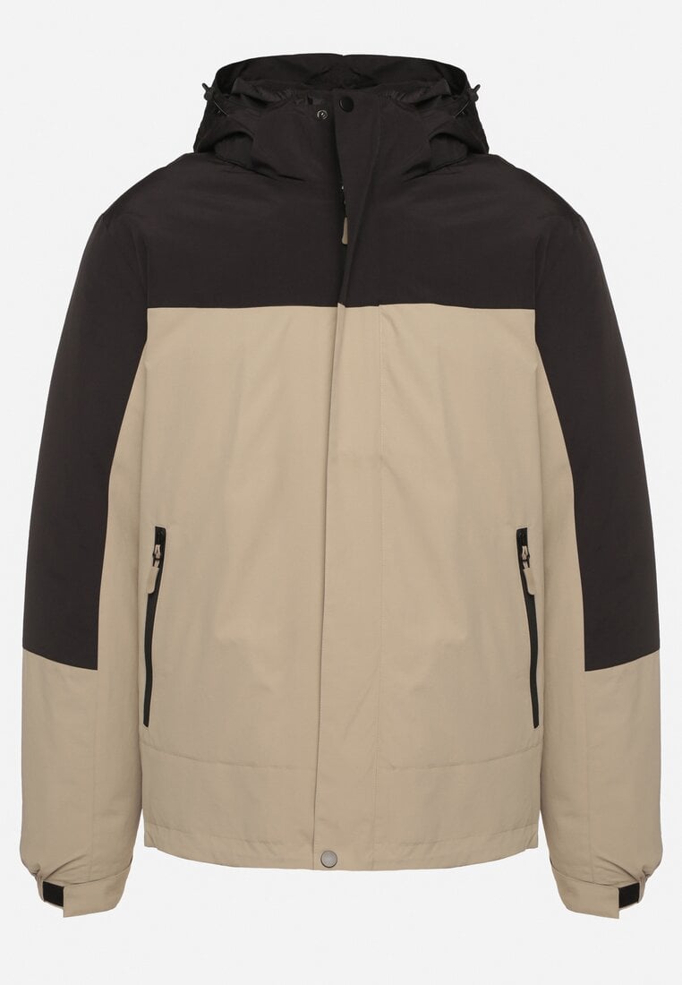 Geacă Windbreaker Bej și Negru Reversibilă cu model geometric, cu interior detașabil și glugă Savathia