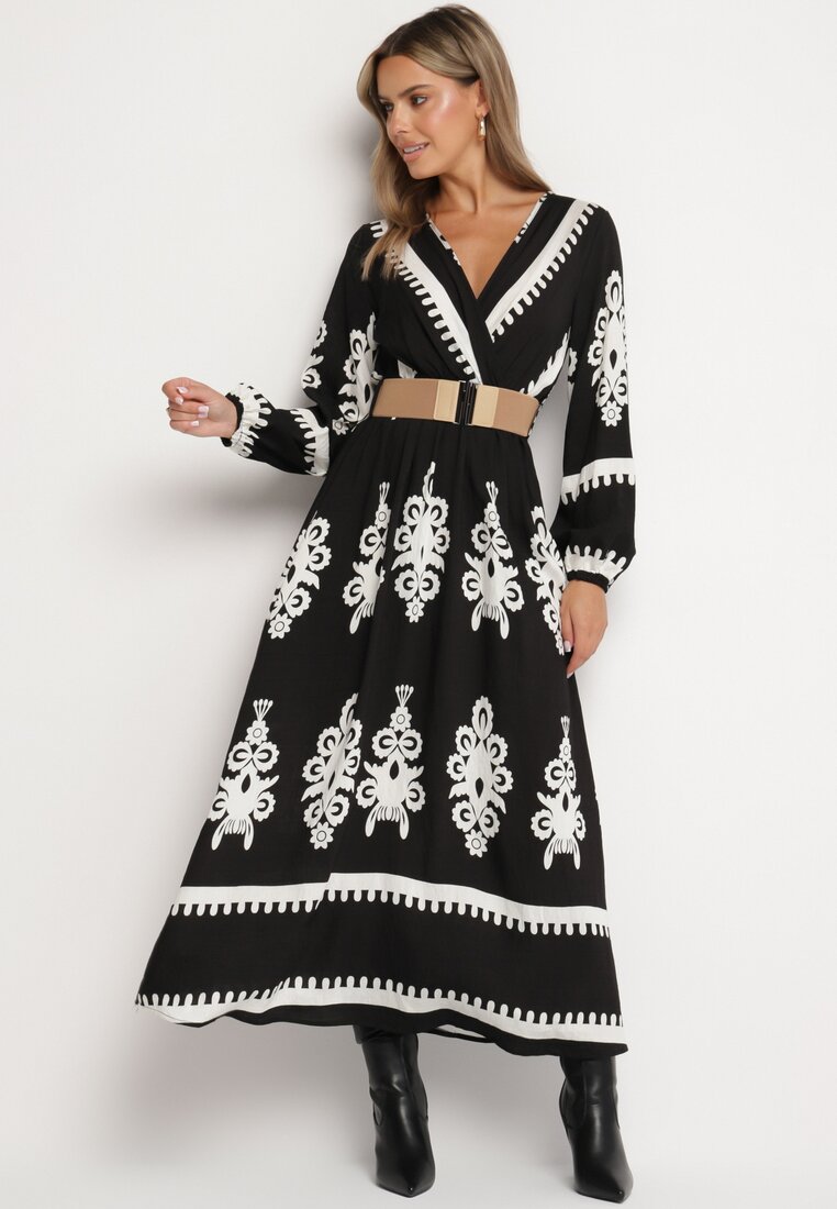 Rochie Neagră Imprimată din Viscoză cu Croială Tip Plic cu Elastic în Talie și Curea Tifirae