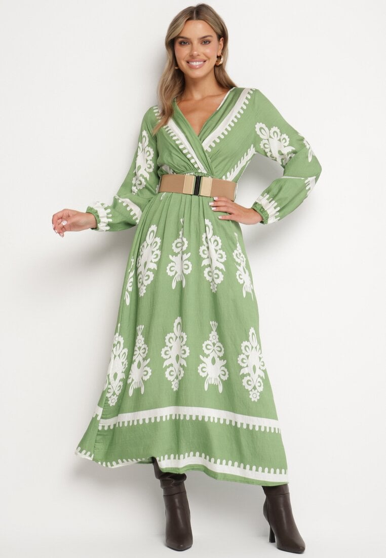 Rochie Verde Imprimată din viscoză cu croi petrecut, cu elastic în talie și cu cordon Tifirae