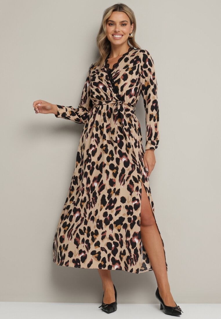 Rochie Maro Petrecută Cloș cu Imprimeu leopard cu elastic în talie cu curea și dantelă Sialindra