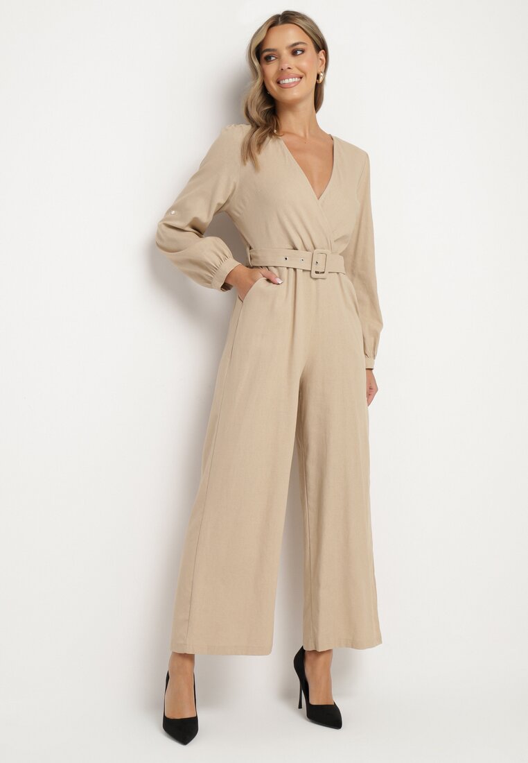 Salopetă de Bumbac Bej cu croială petrecută, cu curea și elastic în talie Mirrira