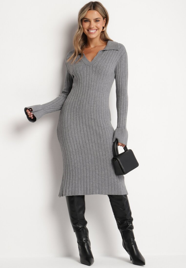 Rochie Gri Tricotată Reiată din Vâscoză cu croială ajustată cu Guler Salindrea