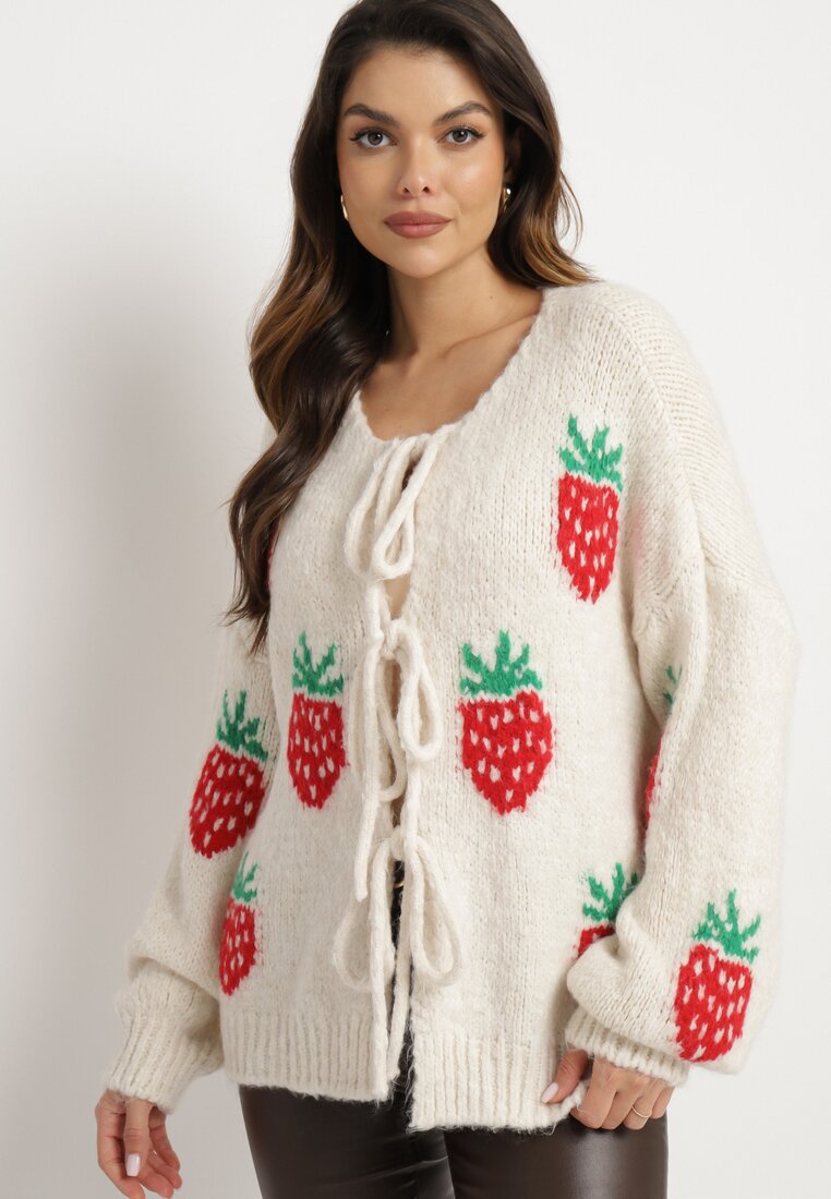 Cardigan Bej deschis legat cu amestec de Lână și Viscoză decorat cu model de Căpșuni Cesiella