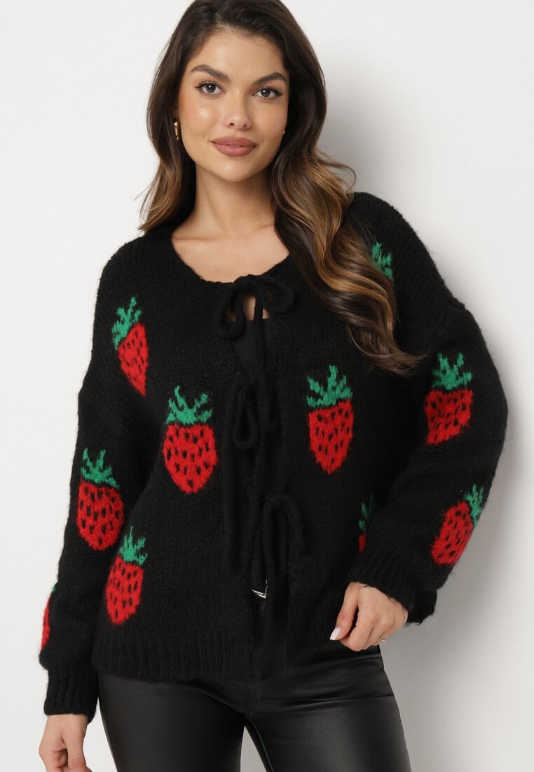Cardigan Negru Legat cu amestec de Lână și Viscoză Decorat cu model cu căpșuni Cesiella