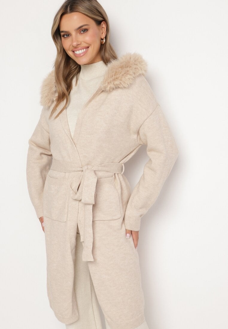 Cardigan Bej din Lână cu Croială Dreaptă, cu Glugă și Blană Detașabilă, Legat în Talie Besigala