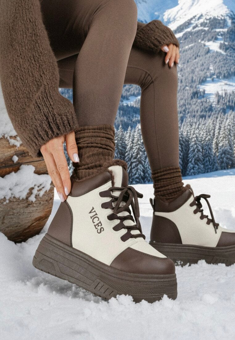 Sneakers Bej-Maro cu platformă Căptușiți cu blană Leanelitia