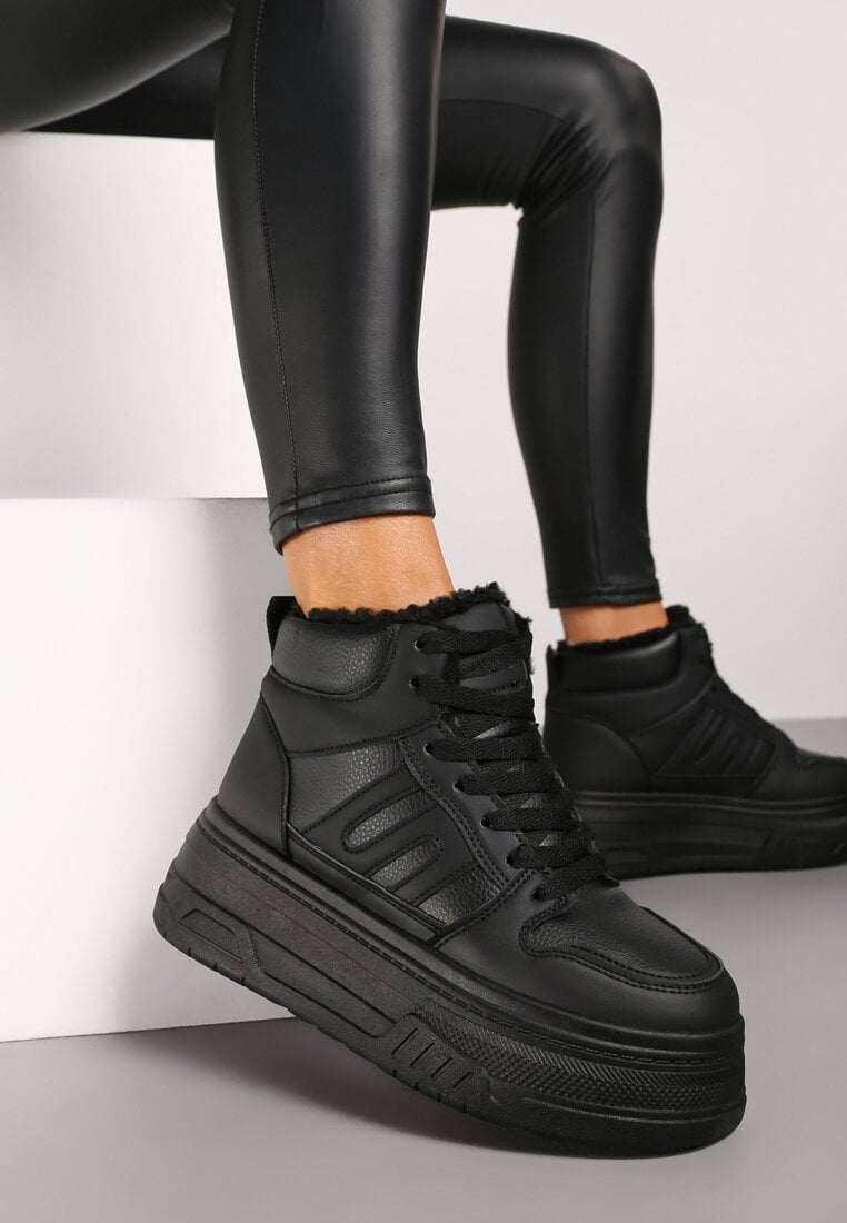 Adidași Negri cu Talpă Groasă Căptușiți cu Blană Leandria