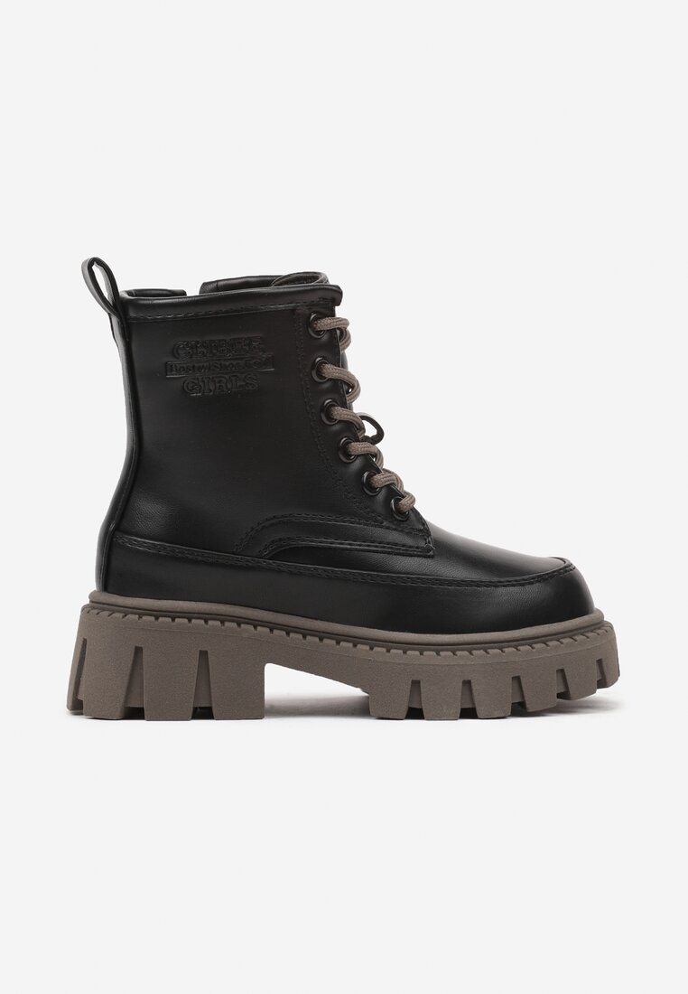 Botine Negre pe platformă groasă cu gofrare și șireturi Edianis