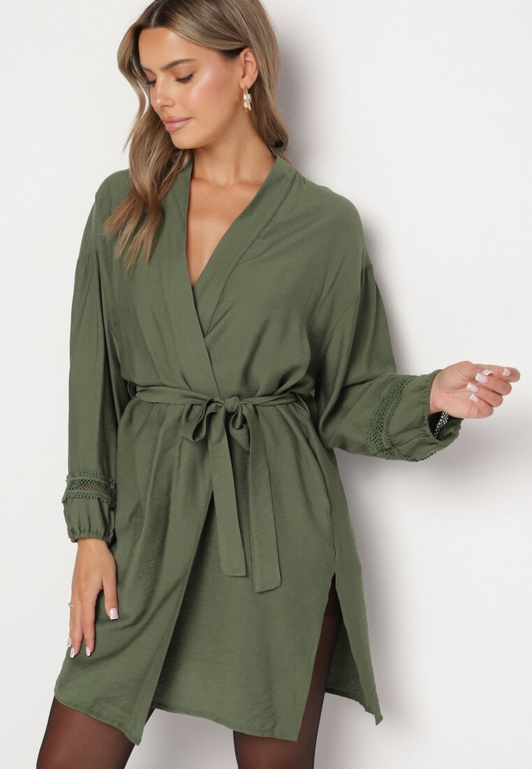 Rochie Kimono de Vâscoză Verde cu Buzunare și Inserții Ajurate Decorative Salanora