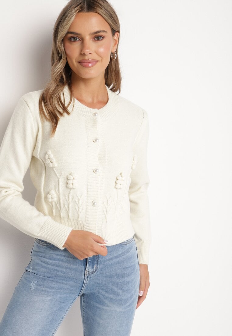 Cardigan Bej Deschis din Viscoză cu Perle Mici și Relief Cu Sclipici Haririda