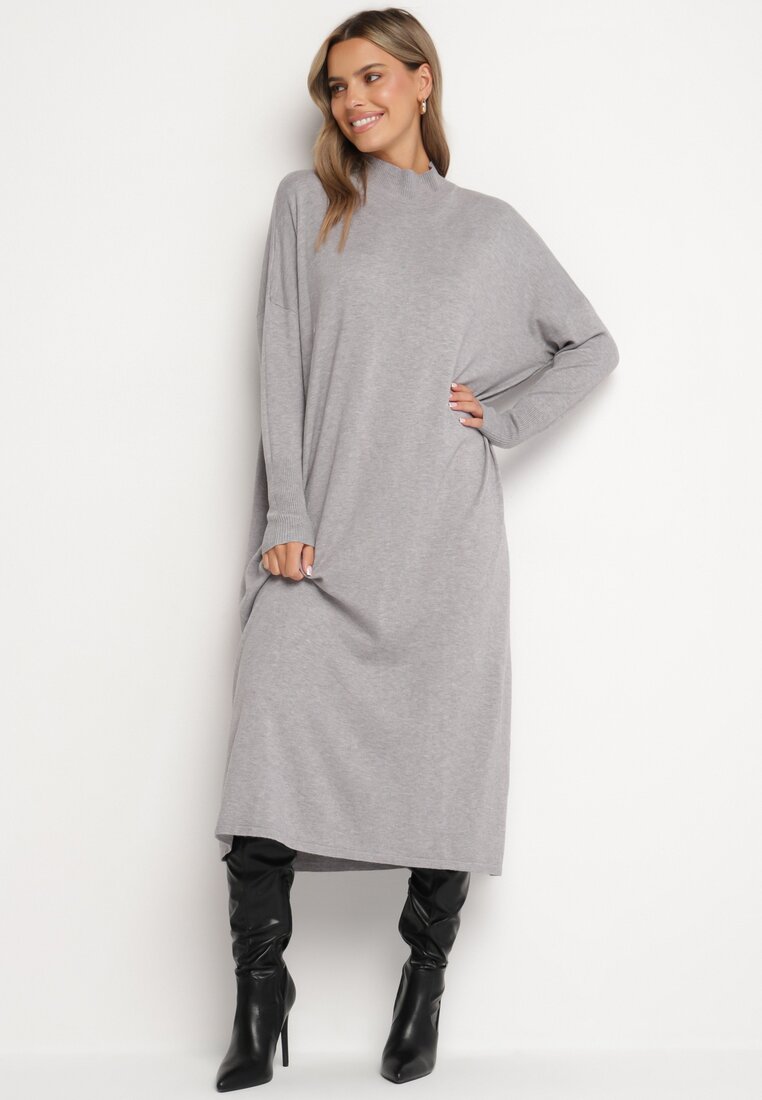 Rochie Pulover Gri deschis cu Guler înalt și Vâscoză cu Croi tip cutie Alirinna