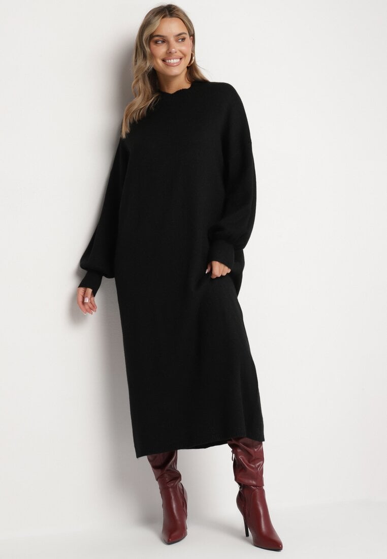 Rochie Pulover Neagră cu Guler semi-înalt și Viscoză, cu Croială boxy Salithra