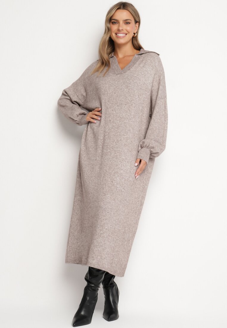 Rochie pulover bej, croi drept, din viscoză, cu mâneci largi și guler Rinfera