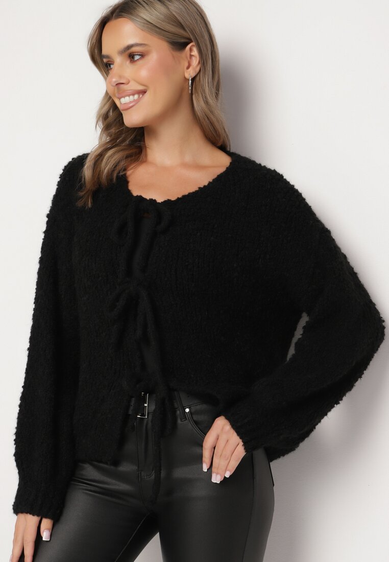 Cardigan negru cu Viscoză Bumbac Lână și Fundițe Lilore