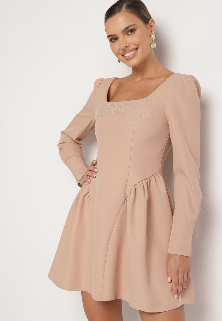 Rochie Bej Evazată cu Decolteu Pătrat Enarel