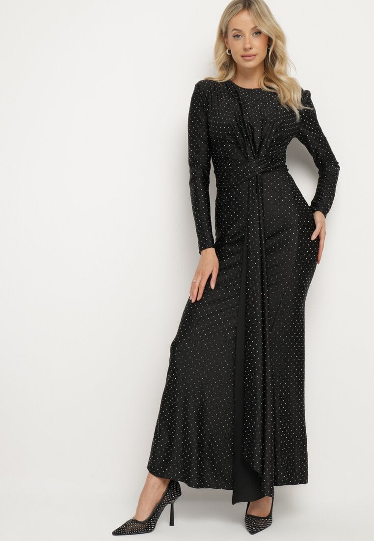 Rochie De Cocktail Neagră cu Croială Ajustată cu Zirconii și Drapată în Talie Issalina