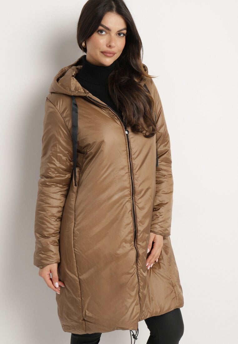 Geacă maro deschis lungă cu glugă, șnururi și buzunare Salornia