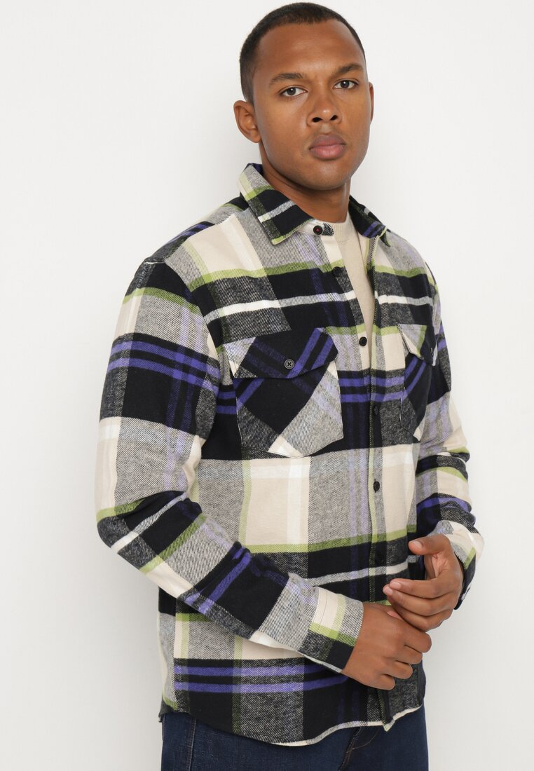 Cămașă bej din bumbac în carouri ornată cu nasturi Zinniritta