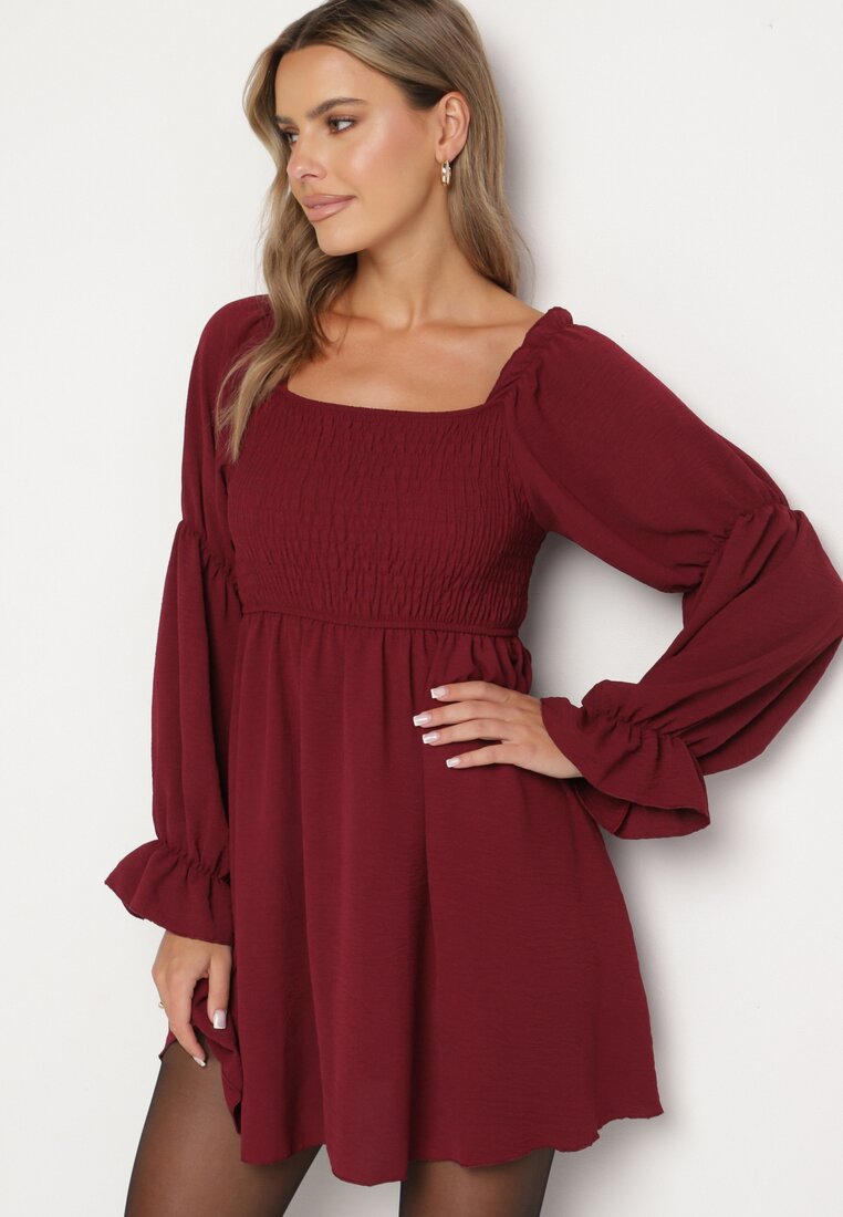 Rochie Rozkloszowana Bordo cu Bust Elastic și Volane la Mâneci Saviella