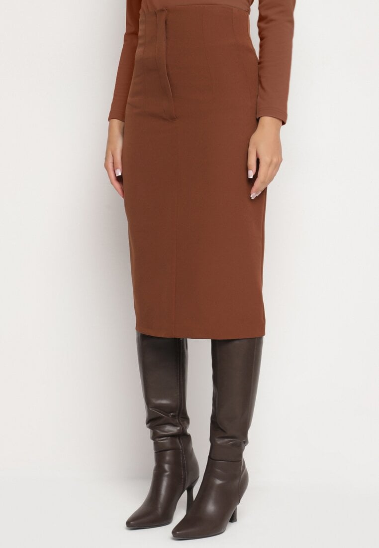 Fustă Creion Maro cu Talie Înaltă Decorată cu Crăpătură Liossa