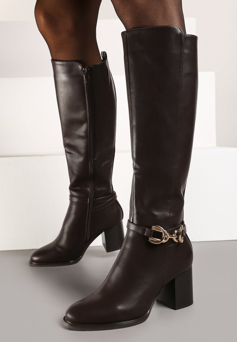 Cizme Elegante Maro cu toc gros cu detaliu decorativ la carâmb Resini