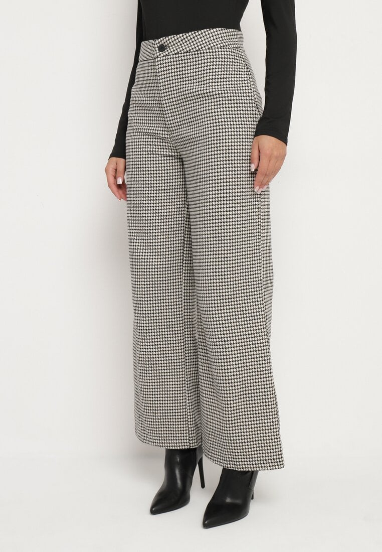 Pantaloni Negru-bej Largi din Viscoză și cu Talie înaltă Decorați cu Pepită Enarrina