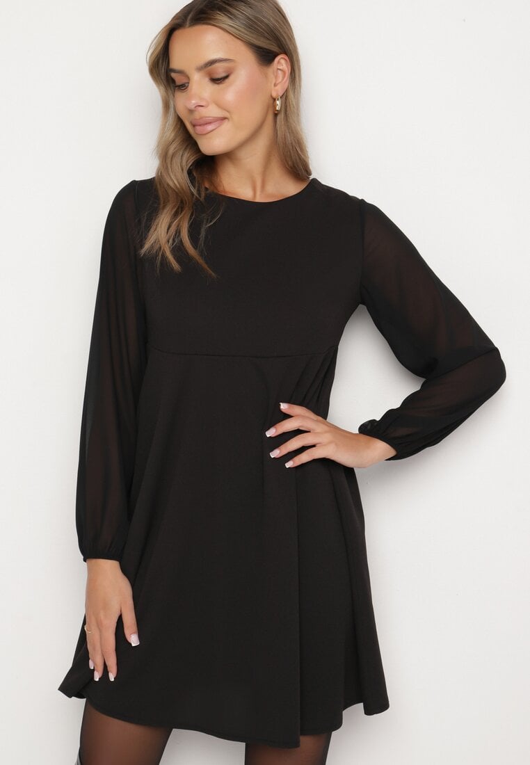 Rochie Neagră cu croi evazat cu mâneci semitransparente Edalinne