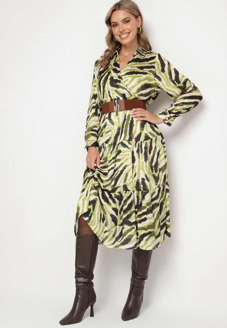 Rochie Verde Cloș Petrecută cu Model Abstract cu Centură și Elastic în Talie Zinnaea