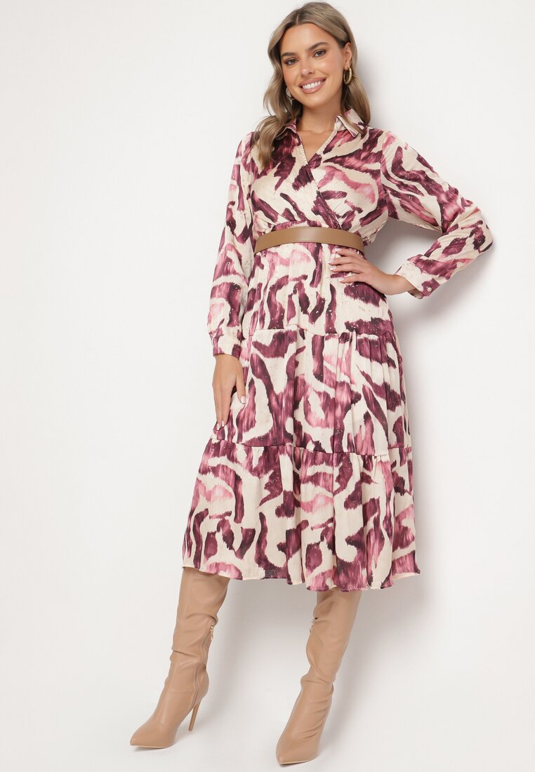 Rochie mov petrecută cu model abstract, cu elastic în talie și curea Zinnitaria