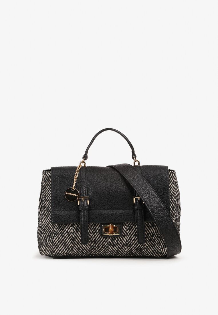 Geantă crossbody Neagră cu model în spic, cu clapă decorativă și curea suplimentară Jackilina