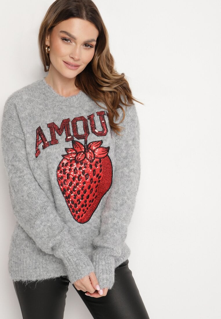 Pulover Gri cu Inscripție și Căpșună cu Paiete cu Amestec de Lână Zozirya