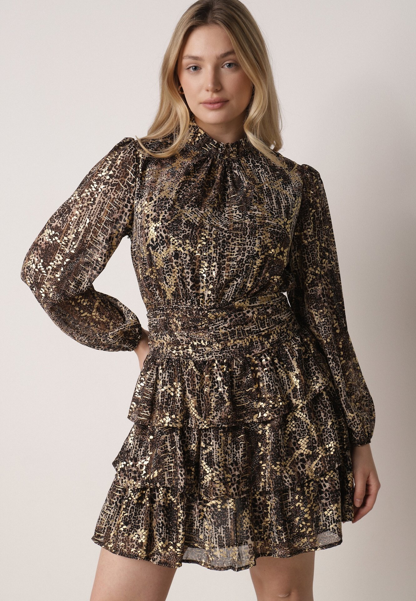 Rochie Maro Evazată cu Imprimeu Leopard, cu Volane și Elastic în Talie Tinnorisa