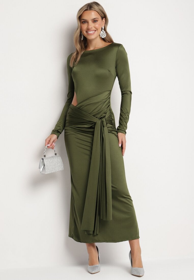 Rochie Verde de cocktail Decorată cu legătură și decolteu Vamizola