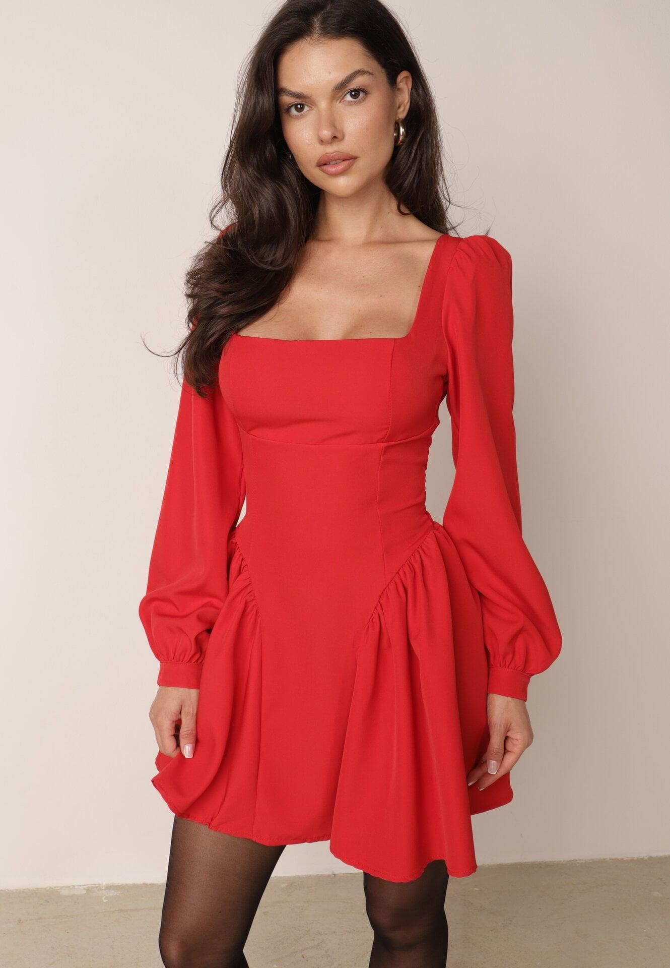 Rochie Roșie Cloș cu top tip corset și curea din material la spate Enadil