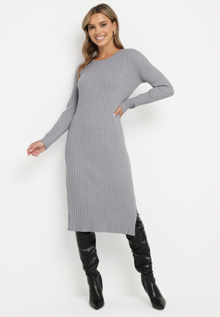 Rochie Gri Tip pulover cu Viscoză Decorată pe lateral cu șlițuri Ninnoriel