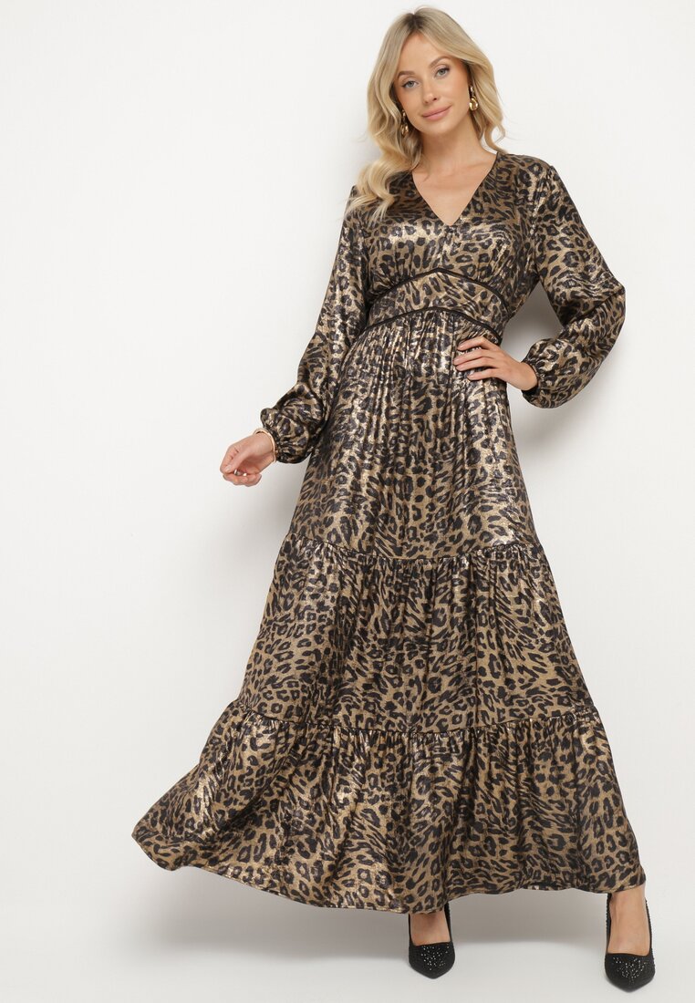 Rochie Cloș Negru-Auriu cu imprimeu leopard, cu volane și elastic în talie Tinnetra