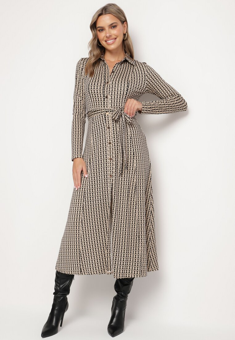 Rochie tip cămașă Negru-Bej din Viscoză cu dungi Decorată cu o centură legată Nialoraen