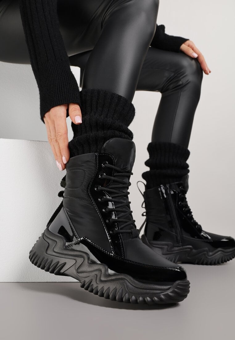 Cizme de zăpadă Negre cu talpă groasă, în relief, cu șireturi Cedilia