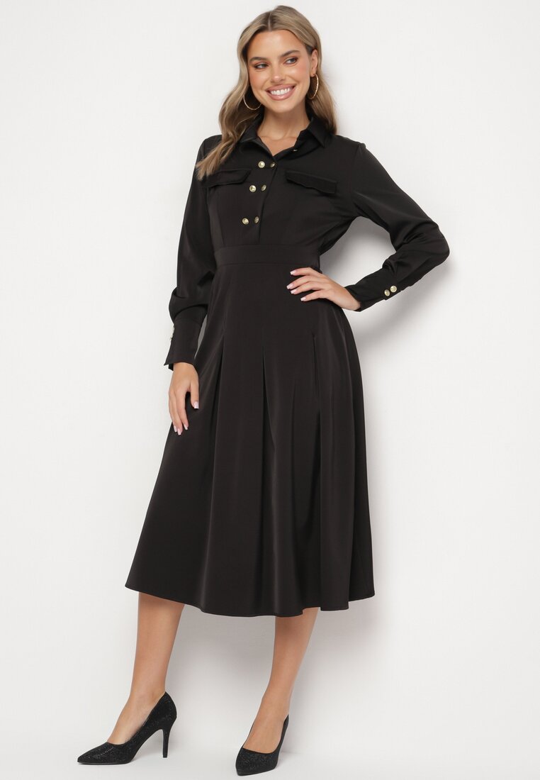 Rochie Neagră Evazată cu croială tip cămașă cu imitație de buzunare și elastic în talie Rizza