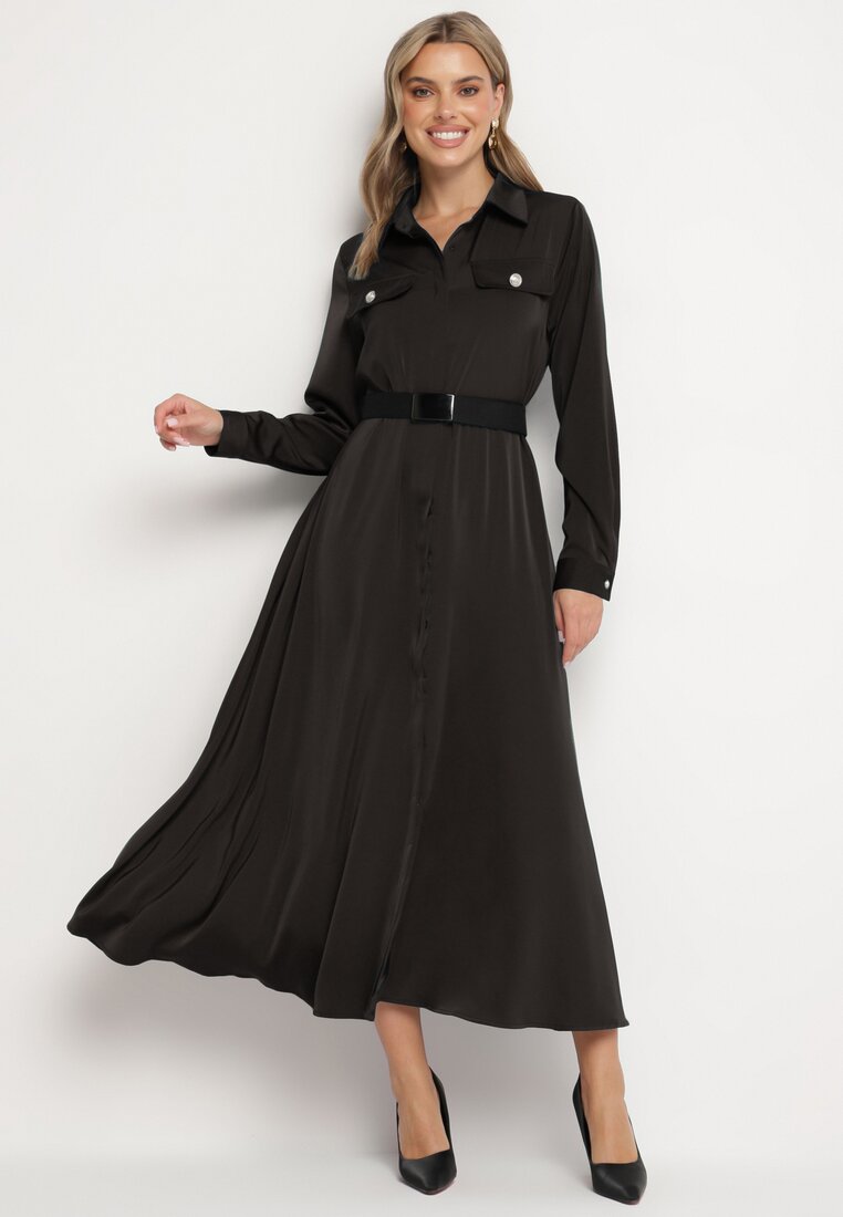 Rochie Neagră Camisieră din Satin cu centură și Imitații de Buzunare Vamilea