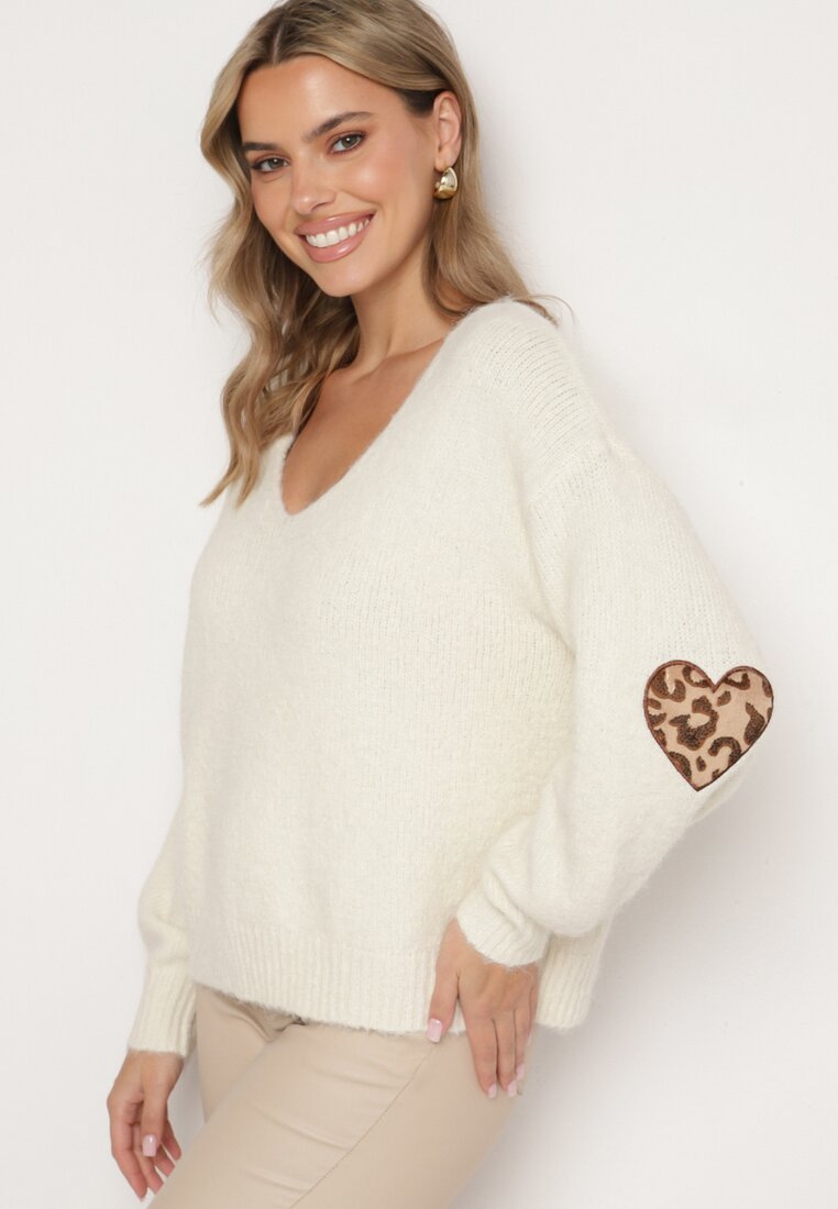 Pulover bej deschis cu lână și aplicații decorative pe coate Norethra