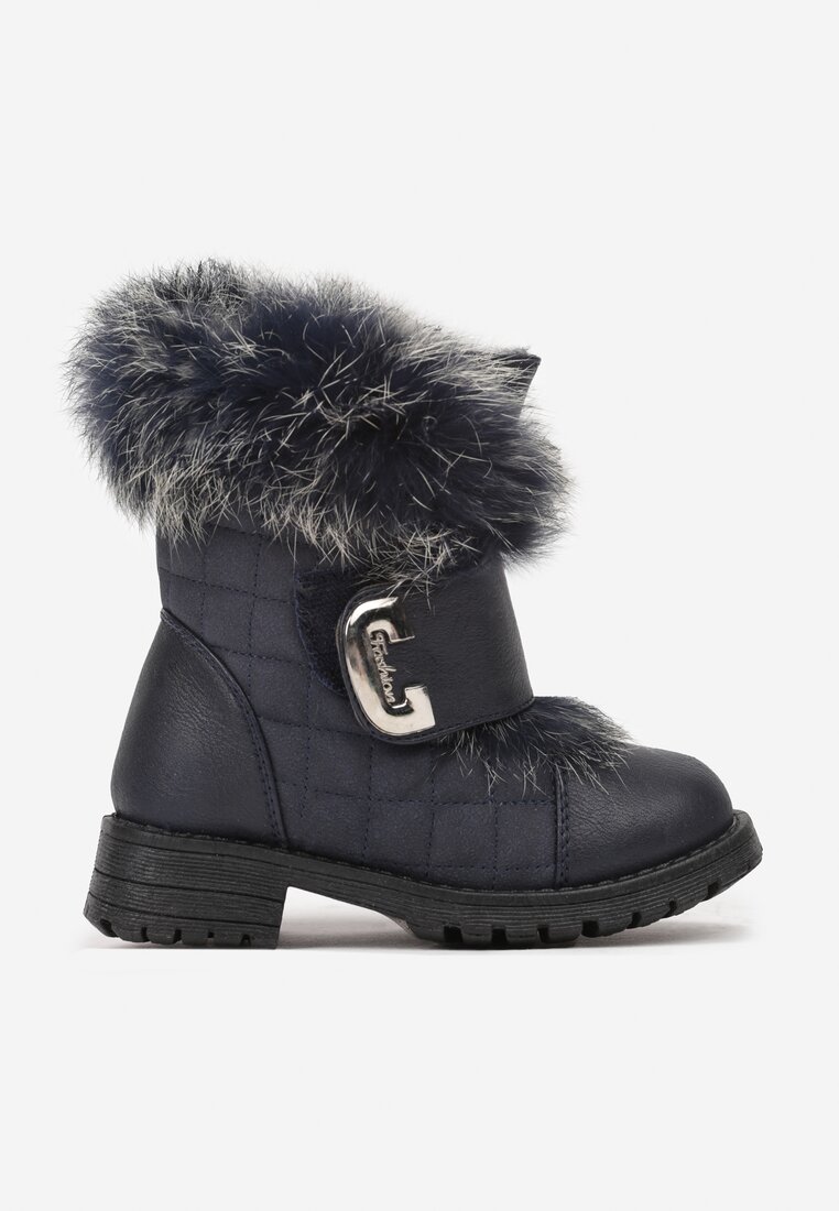 Botine plate bleumarin decorate cu blană și aplicație Araeno