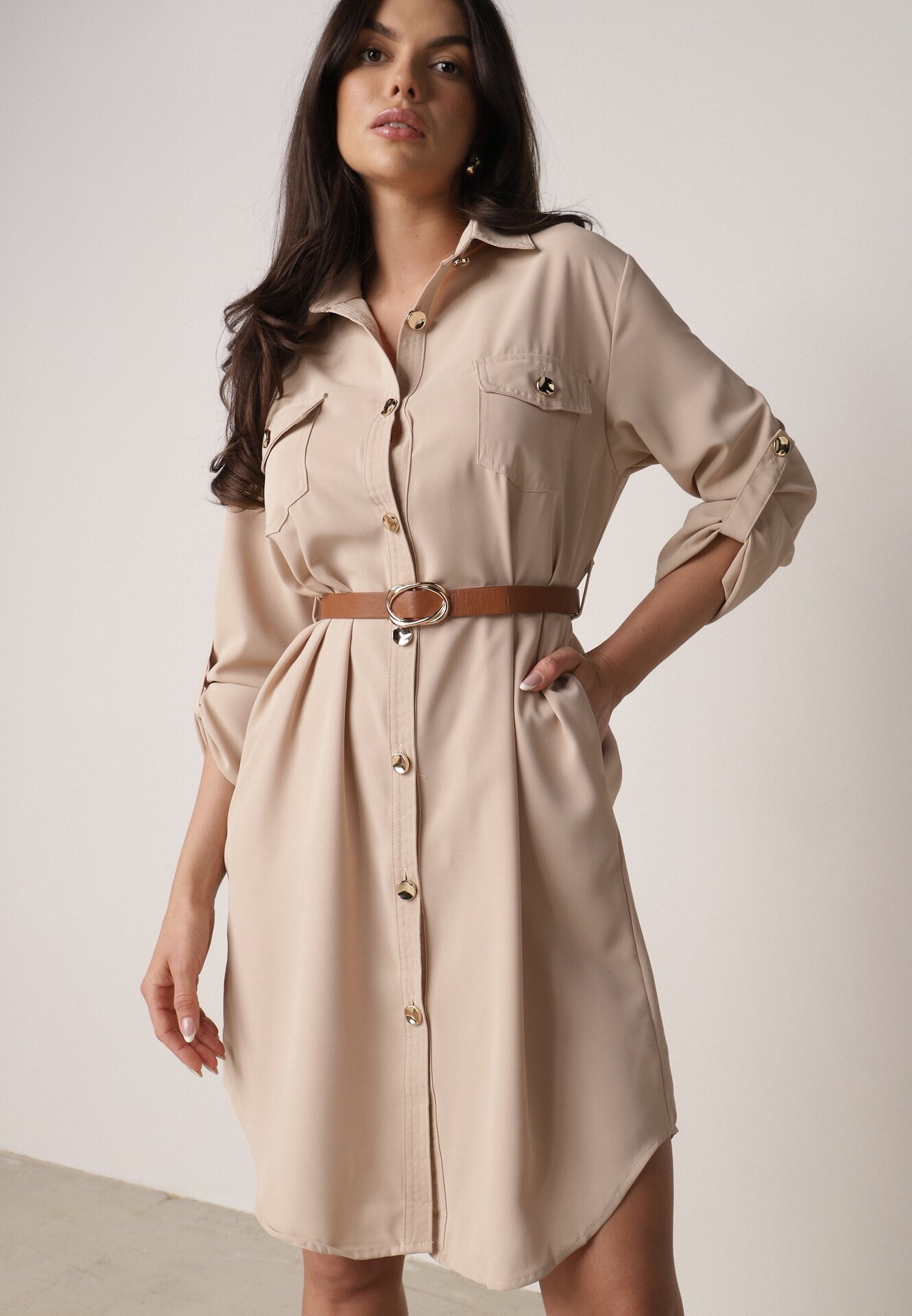 Rochie Cămașă Bej cu Mâneci Ajustabile și Curea în Talie Esarivia