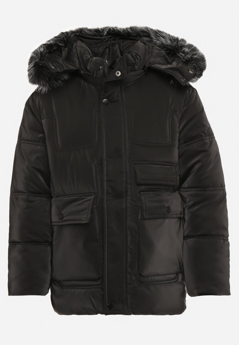 Geacă Neagră cu Buzunare și Glugă Detașabilă cu Blană Foarte Călduroasă Sewissa