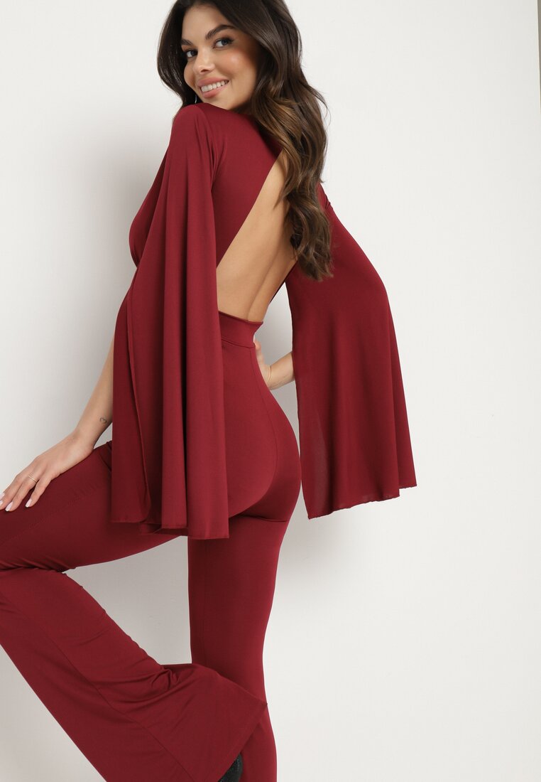 Salopetă Bordeaux Lungă cu Mâneci Largi și Spate Decupat Dasima